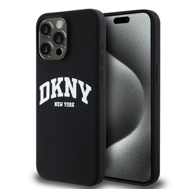DKNY Apple iPhone 15 Pro Max -kovakuori Liquid Silicone White Printed Logo MagSafe, musta
