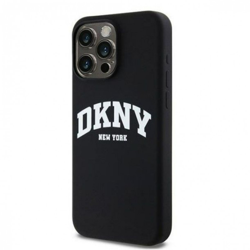 DKNY Apple iPhone 15 Pro Max -kovakuori Liquid Silicone White Printed Logo MagSafe, musta