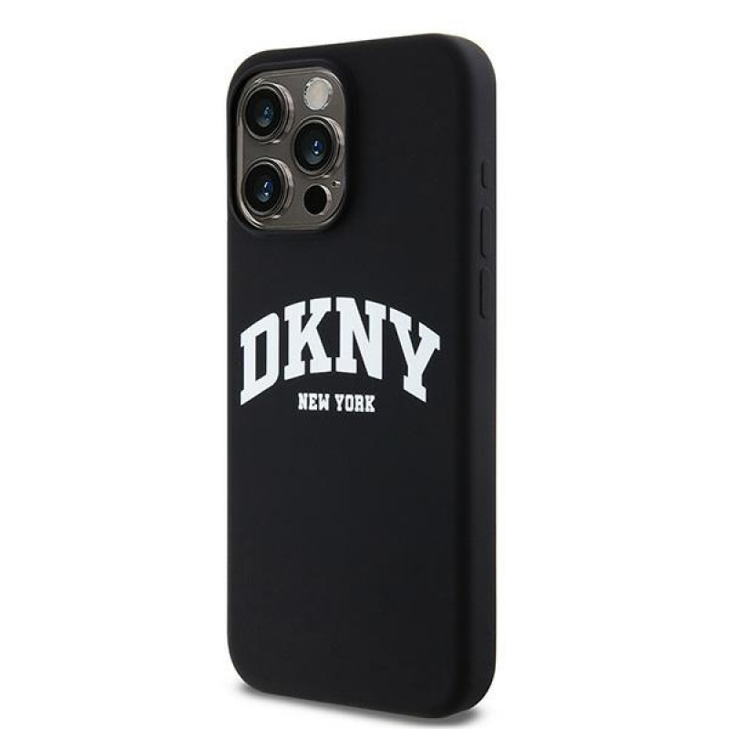DKNY Apple iPhone 15 Pro Max -kovakuori Liquid Silicone White Printed Logo MagSafe, musta