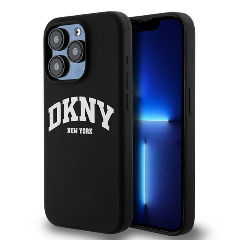 DKNY Apple iPhone 14 Pro -kovakotelo Liquid Silicone valkoinen painettu logo MagSafe, musta