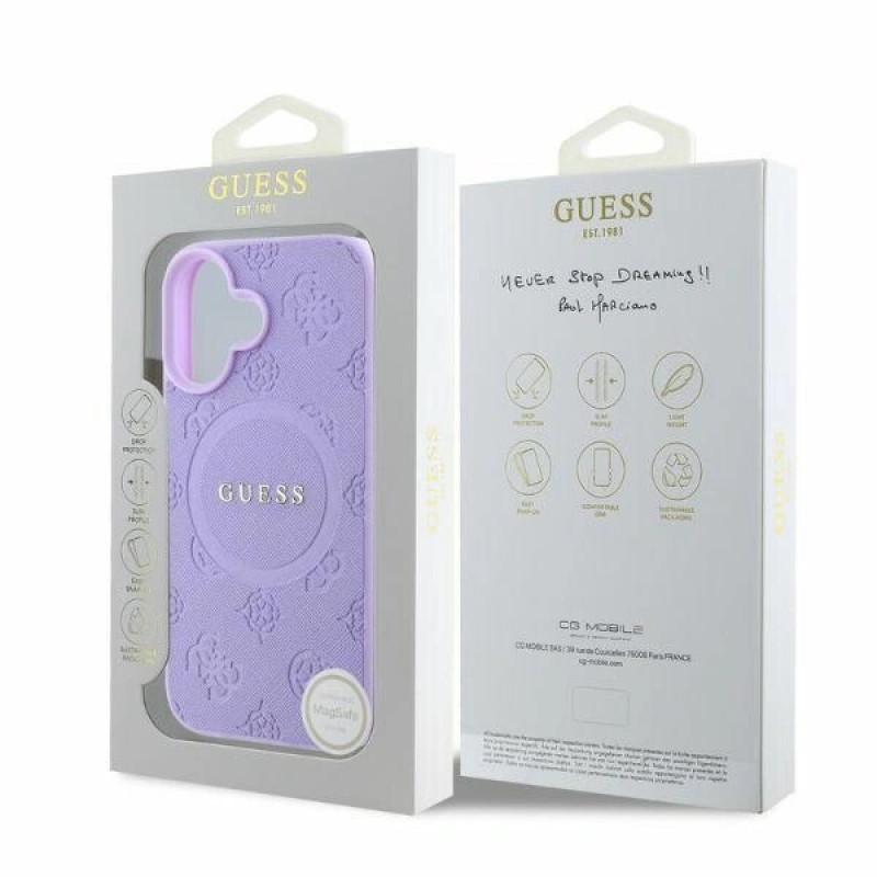 Guess Saffiano Peony Stamp MagSafe -suojakotelo Apple iPhone 16 -puhelimelle, violetti