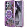 Guess Glitter Flowers Triangle Buttons MagSafe -suojakotelo Samsung Galaxy S25 Ultra -puhelimelle, violetti