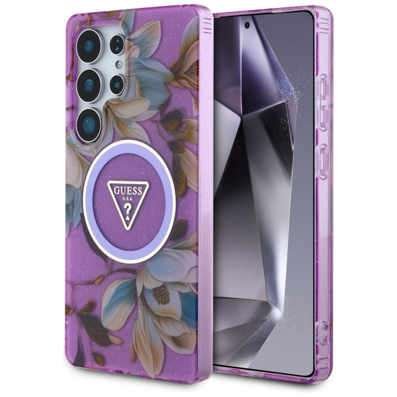 Guess Glitter Flowers Triangle Buttons MagSafe -suojakotelo Samsung Galaxy S25 Ultra -puhelimelle, violetti