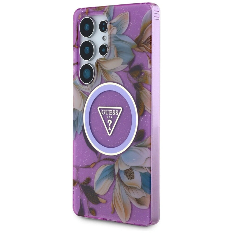 Guess Glitter Flowers Triangle Buttons MagSafe -suojakotelo Samsung Galaxy S25 Ultra -puhelimelle, violetti