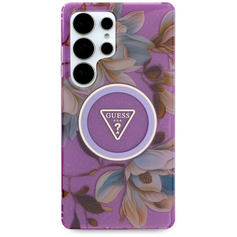 Guess Glitter Flowers Triangle Buttons MagSafe -suojakotelo Samsung Galaxy S25 Ultra -puhelimelle, violetti