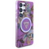 Guess Glitter Flowers Triangle Buttons MagSafe -suojakotelo Samsung Galaxy S25 Ultra -puhelimelle, violetti