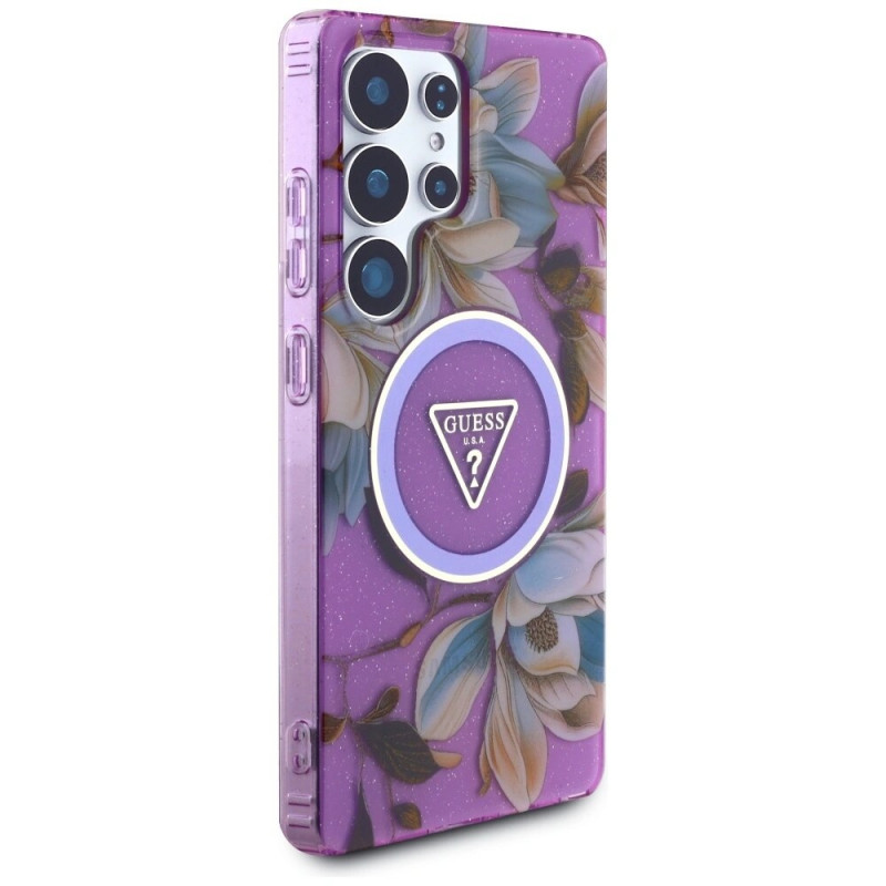Guess Glitter Flowers Triangle Buttons MagSafe -suojakotelo Samsung Galaxy S25 Ultra -puhelimelle, violetti
