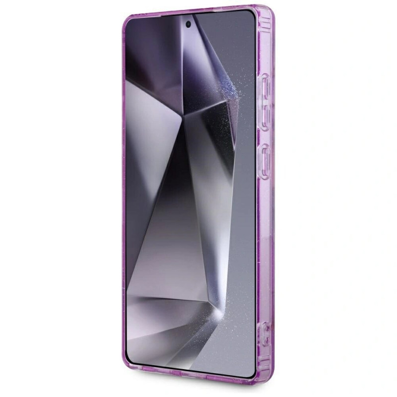 Guess Glitter Flowers Triangle Buttons MagSafe -suojakotelo Samsung Galaxy S25 Ultra -puhelimelle, violetti