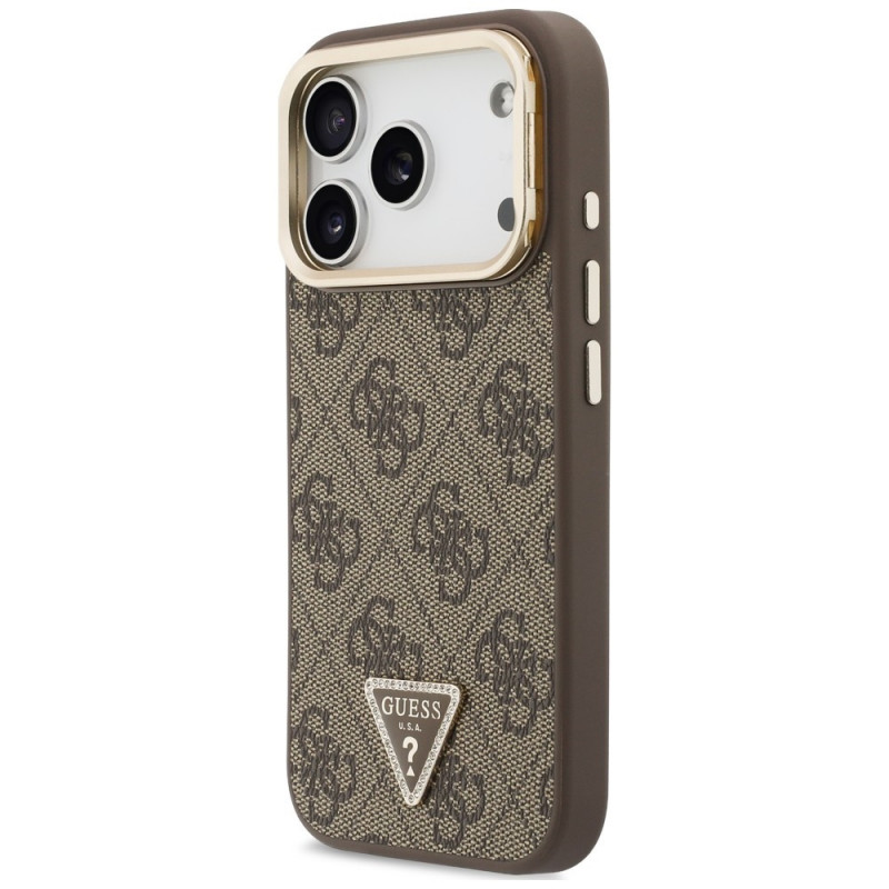 Guess 4G PU Triangle Logo & Stand Camera MagSafe -suojakotelo Apple iPhone 18 Pro Max / 17 Pro Max -puhelimelle, ruskea
