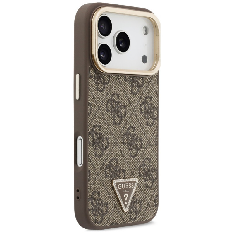 Guess 4G PU Triangle Logo & Stand Camera MagSafe -suojakotelo Apple iPhone 18 Pro Max / 17 Pro Max -puhelimelle, ruskea