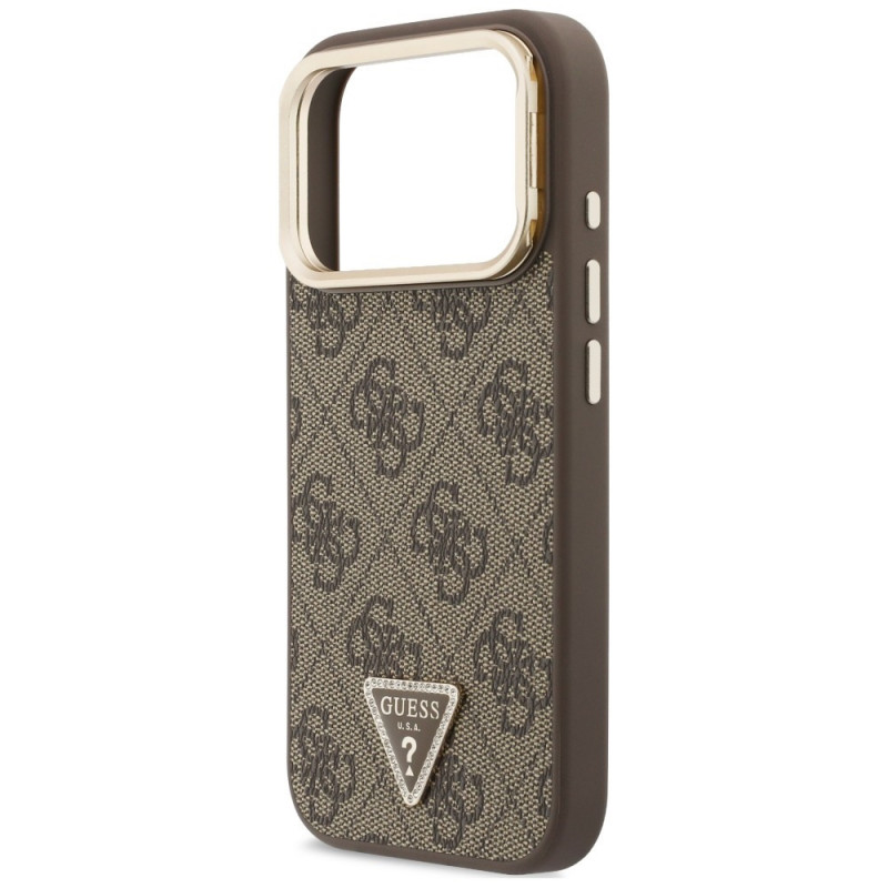 Guess 4G PU Triangle Logo & Stand Camera MagSafe -suojakotelo Apple iPhone 18 Pro Max / 17 Pro Max -puhelimelle, ruskea