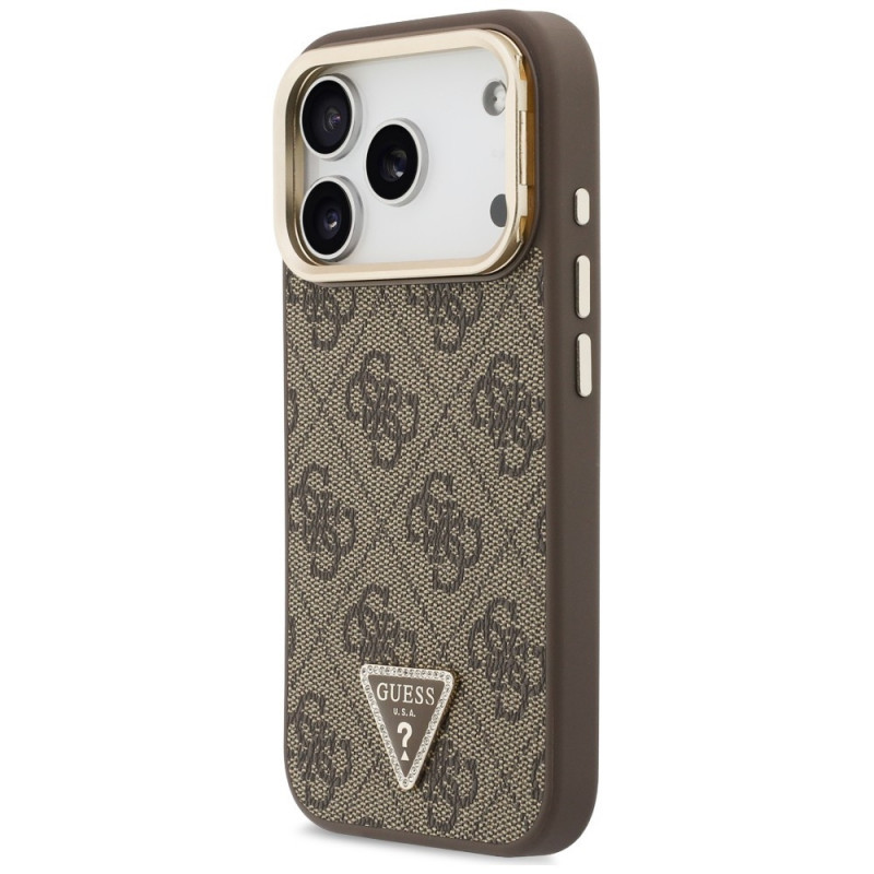 Guess 4G PU Triangle Logo & Stand Camera MagSafe -suojakotelo Apple iPhone 18 Pro / 17 Pro -puhelimelle, ruskea
