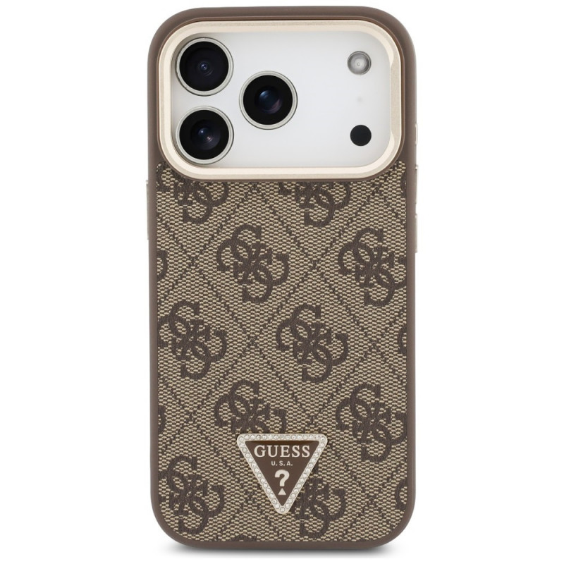 Guess 4G PU Triangle Logo & Stand Camera MagSafe -suojakotelo Apple iPhone 18 Pro / 17 Pro -puhelimelle, ruskea