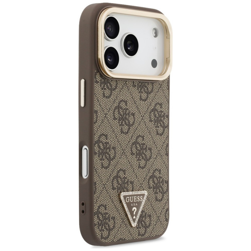 Guess 4G PU Triangle Logo & Stand Camera MagSafe -suojakotelo Apple iPhone 18 Pro / 17 Pro -puhelimelle, ruskea