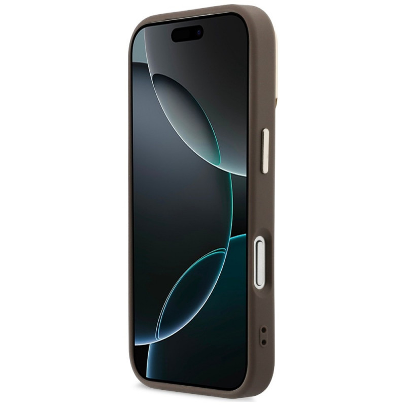 Guess 4G PU Triangle Logo & Stand Camera MagSafe -suojakotelo Apple iPhone 18 Pro / 17 Pro -puhelimelle, ruskea