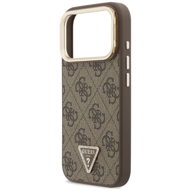Guess 4G PU Triangle Logo & Stand Camera MagSafe -suojakotelo Apple iPhone 18 Pro / 17 Pro -puhelimelle, ruskea