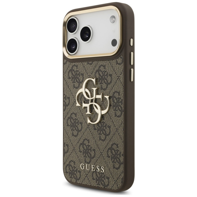 Guess 4G Big 4G Classic Logo Big Strap Metal Buttons -suojakotelo hihnalla Apple iPhone 18 Pro Max / 17 Pro Max -puhelimelle, ruskea