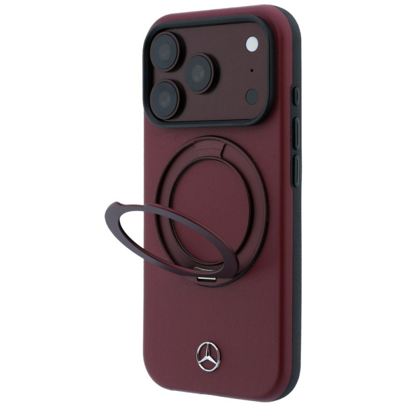 Mercedes-Benz Leather with Ring Stand MagSafe -suojakotelo Apple iPhone 18 Pro / 17 Pro -puhelimelle, burgundy