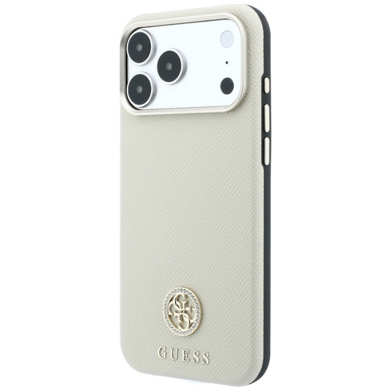 Guess GUE005545 Grained Round Strass Logo MagSafe -suojakotelo Apple iPhone 18 Pro / 17 Pro -puhelimelle, beige