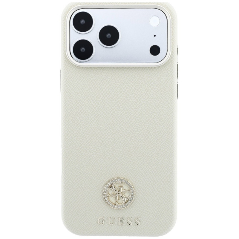 Guess GUE005545 Grained Round Strass Logo MagSafe -suojakotelo Apple iPhone 18 Pro / 17 Pro -puhelimelle, beige
