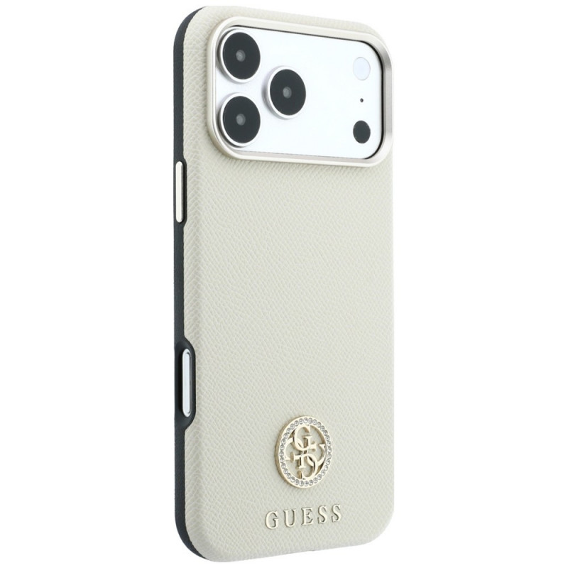 Guess GUE005545 Grained Round Strass Logo MagSafe -suojakotelo Apple iPhone 18 Pro / 17 Pro -puhelimelle, beige