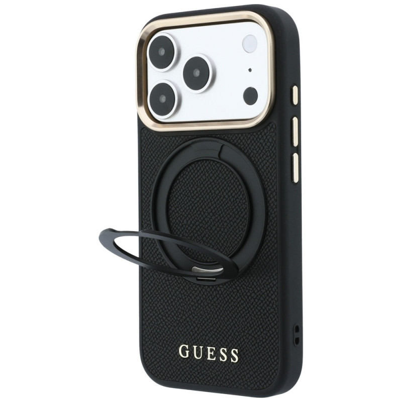 Guess Ring Stand 360 Grained Classic Logo MagSafe -suojakotelo Apple iPhone 18 Pro / 17 Pro -puhelimelle, musta