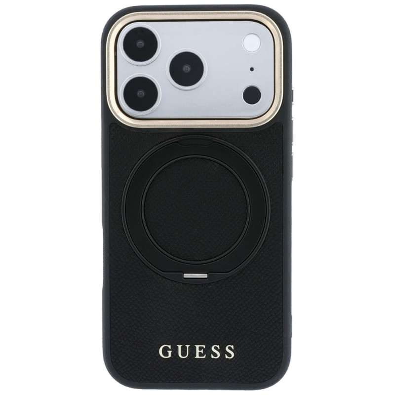 Guess Ring Stand 360 Grained Classic Logo MagSafe -suojakotelo Apple iPhone 18 Pro / 17 Pro -puhelimelle, musta