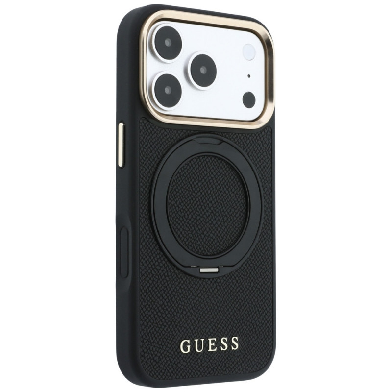 Guess Ring Stand 360 Grained Classic Logo MagSafe -suojakotelo Apple iPhone 18 Pro / 17 Pro -puhelimelle, musta