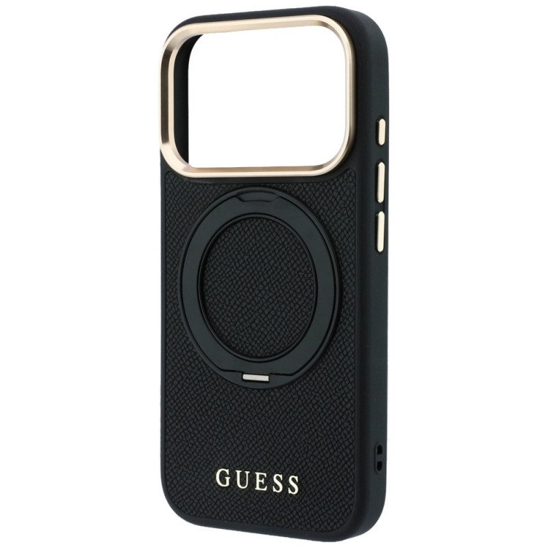 Guess Ring Stand 360 Grained Classic Logo MagSafe -suojakotelo Apple iPhone 18 Pro / 17 Pro -puhelimelle, musta