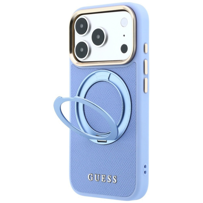 Guess Ring Stand 360 Grained Classic Logo MagSafe -suojakotelo Apple iPhone 18 Pro / 17 Pro -puhelimelle, vaaleansininen