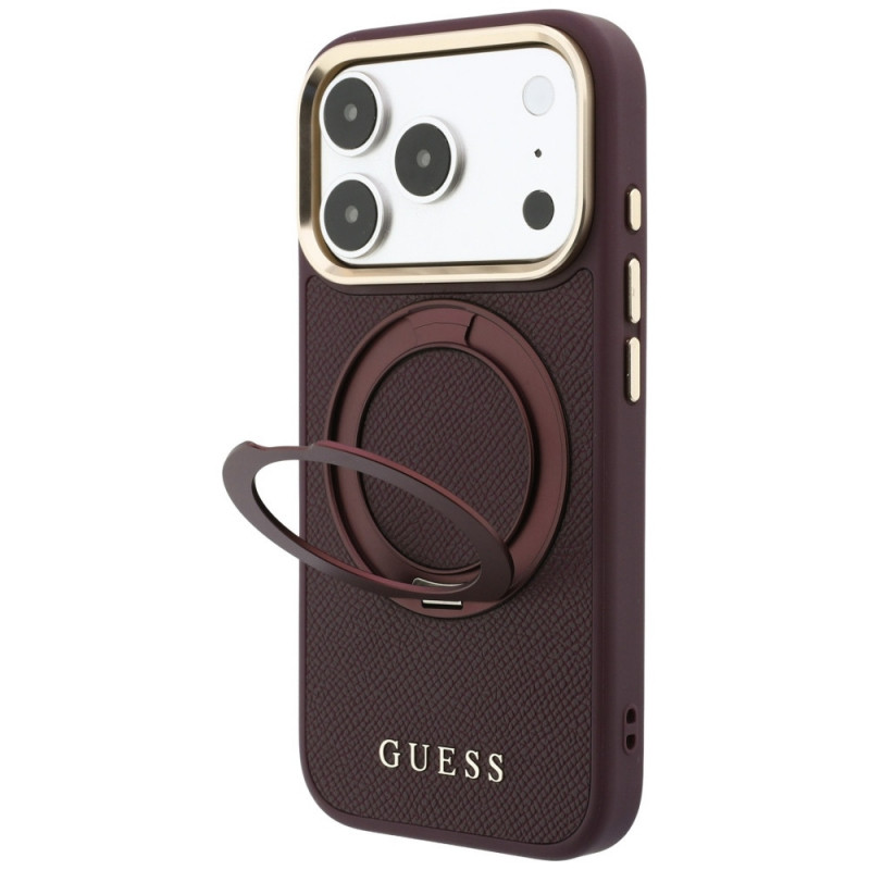 Guess Ring Stand 360 Grained Classic Logo MagSafe -suojakotelo Apple iPhone 18 Pro / 17 Pro -puhelimelle, burgundy
