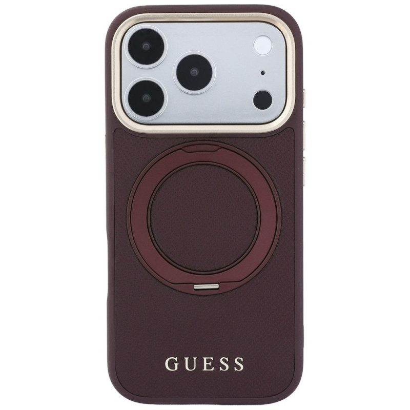 Guess Ring Stand 360 Grained Classic Logo MagSafe -suojakotelo Apple iPhone 18 Pro / 17 Pro -puhelimelle, burgundy