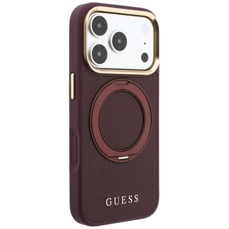 Guess Ring Stand 360 Grained Classic Logo MagSafe -suojakotelo Apple iPhone 18 Pro / 17 Pro -puhelimelle, burgundy