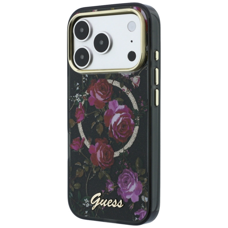 Guess GUE6042 IML Glitter Blossom Roses MagSafe -kovakuori Apple iPhone 18 Pro Max / 17 Pro Max -puhelimelle, musta