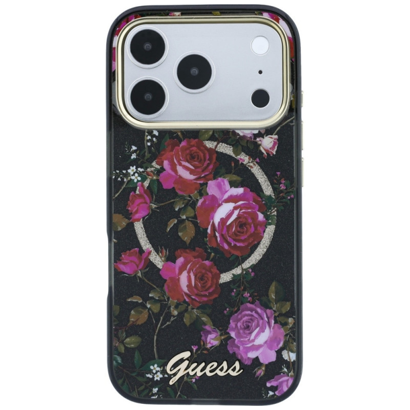 Guess GUE6042 IML Glitter Blossom Roses MagSafe -kovakuori Apple iPhone 18 Pro Max / 17 Pro Max -puhelimelle, musta