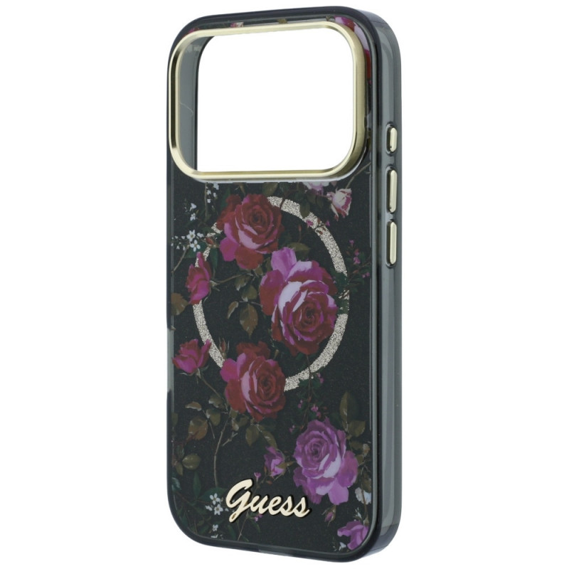 Guess GUE6042 IML Glitter Blossom Roses MagSafe -kovakuori Apple iPhone 18 Pro Max / 17 Pro Max -puhelimelle, musta