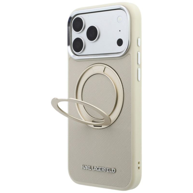 Karl Lagerfeld Ring Stand 360 Saffiano Classic Logo MagSafe -kuori Apple iPhone 18 Pro / 17 Pro -puhelimelle, beige