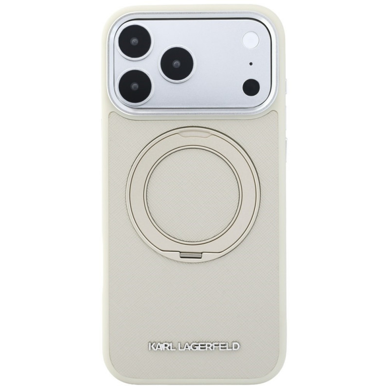 Karl Lagerfeld Ring Stand 360 Saffiano Classic Logo MagSafe -kuori Apple iPhone 18 Pro / 17 Pro -puhelimelle, beige