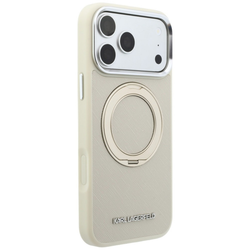 Karl Lagerfeld Ring Stand 360 Saffiano Classic Logo MagSafe -kuori Apple iPhone 18 Pro / 17 Pro -puhelimelle, beige