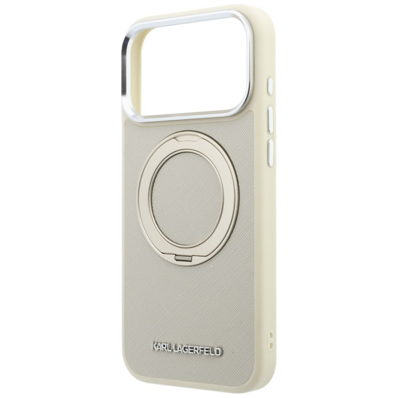 Karl Lagerfeld Ring Stand 360 Saffiano Classic Logo MagSafe -kuori Apple iPhone 18 Pro / 17 Pro -puhelimelle, beige