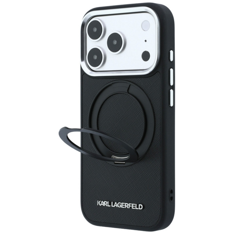 Karl Lagerfeld Ring Stand 360 Saffiano Classic Logo MagSafe -suojakotelo Apple iPhone 18 Pro / 17 Pro -puhelimelle, musta (KF003179)