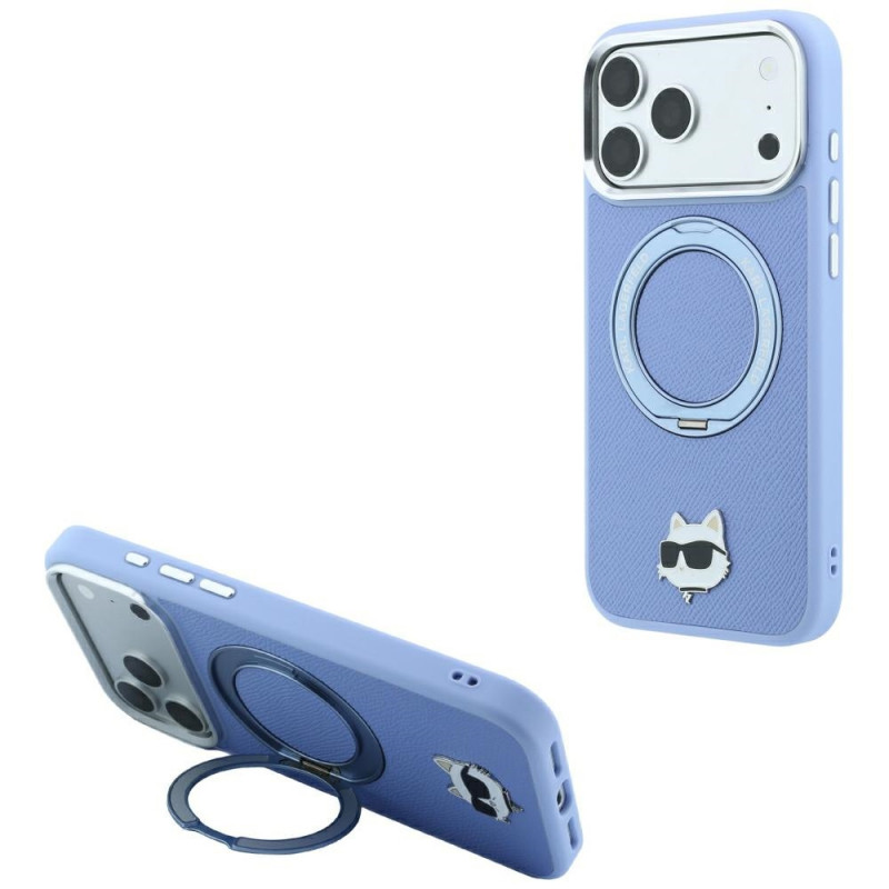 Karl Lagerfeld with Ring Stand 360 Choupette Head Pin MagSafe -suojakotelo Apple iPhone 18 Pro Max / 17 Pro Max -puhelimelle, vaaleansininen (KF003220)