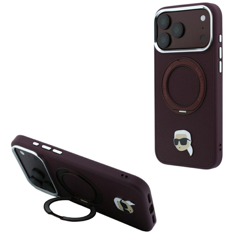Karl Lagerfeld with Ring Stand 360 Karl Head Pin MagSafe -suojakotelo Apple iPhone 18 Pro Max / 17 Pro Max -puhelimelle, burgundy