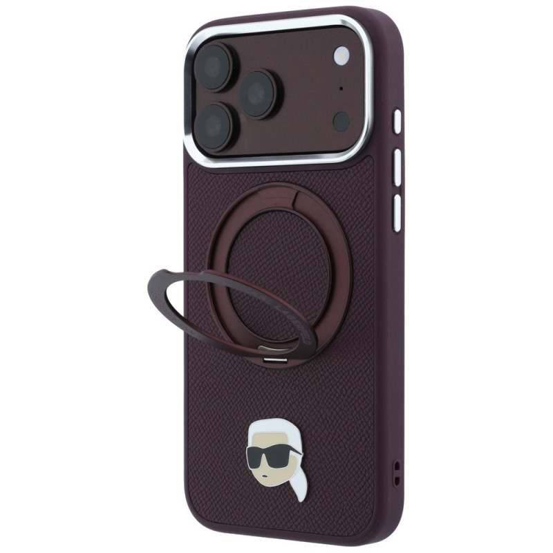 Karl Lagerfeld with Ring Stand 360 Karl Head Pin MagSafe -suojakotelo Apple iPhone 18 Pro Max / 17 Pro Max -puhelimelle, burgundy