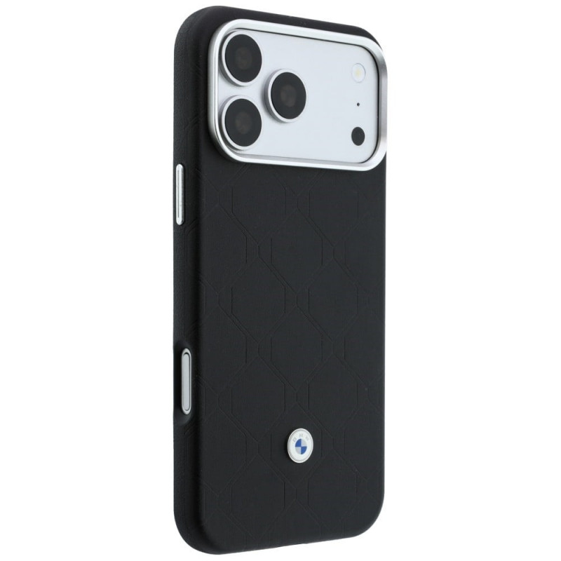 BMW Quilted Pattern Metal Logo -kuori ja lompakkosetti Apple iPhone 18 Pro / 17 Pro -puhelimelle, musta