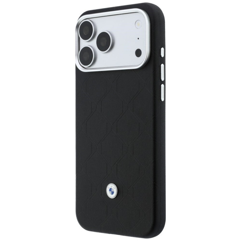 BMW Quilted Pattern Metal Logo -kuori ja lompakkosetti Apple iPhone 18 Pro Max / 17 Pro Max -puhelimelle, musta