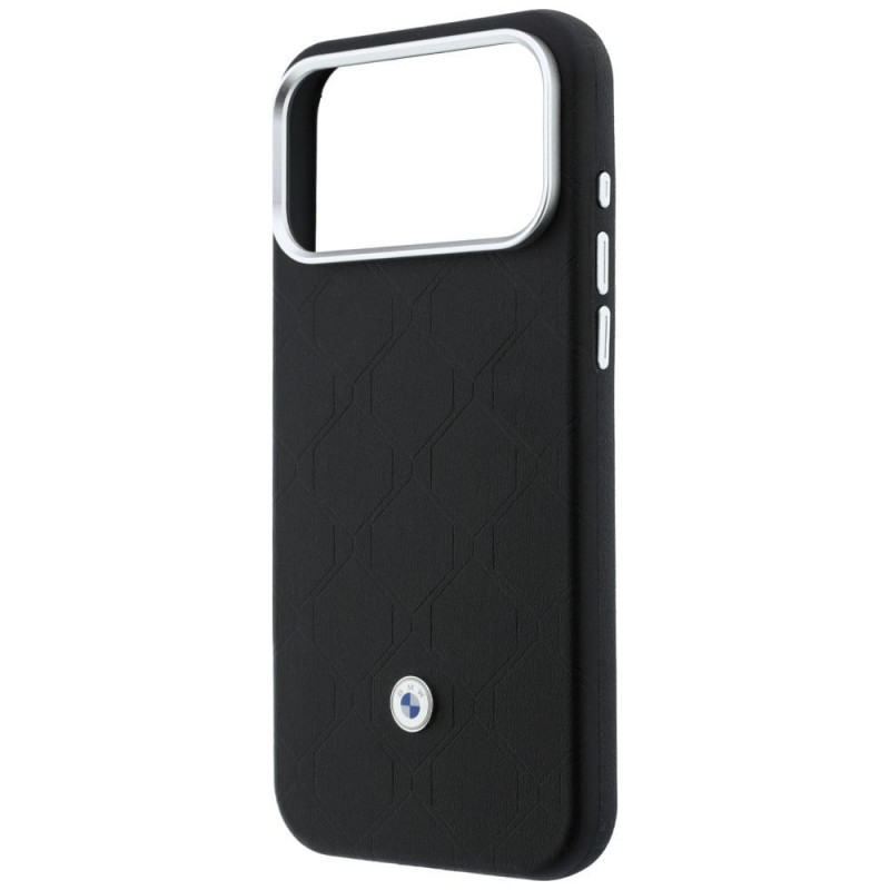 BMW Quilted Pattern Metal Logo -kuori ja lompakkosetti Apple iPhone 18 Pro Max / 17 Pro Max -puhelimelle, musta