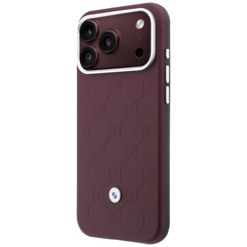 BMW Quilted Pattern Metal Logo -kuvioinen metallilogoinen kuori ja lompakkosetti Apple iPhone 18 Pro Max / 17 Pro Max -puhelimelle, burgundy