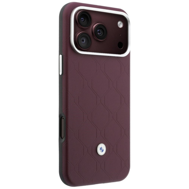 BMW Quilted Pattern Metal Logo -kuvioinen metallilogoinen kuori ja lompakkosetti Apple iPhone 18 Pro Max / 17 Pro Max -puhelimelle, burgundy