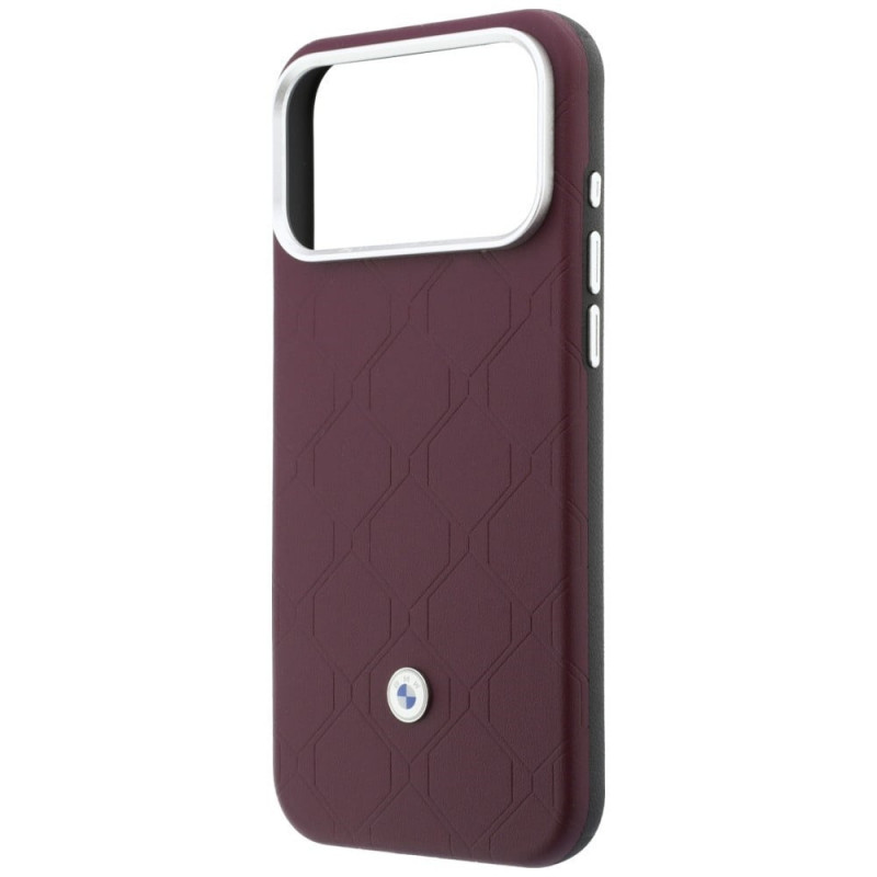 BMW Quilted Pattern Metal Logo -kuvioinen metallilogoinen kuori ja lompakkosetti Apple iPhone 18 Pro Max / 17 Pro Max -puhelimelle, burgundy